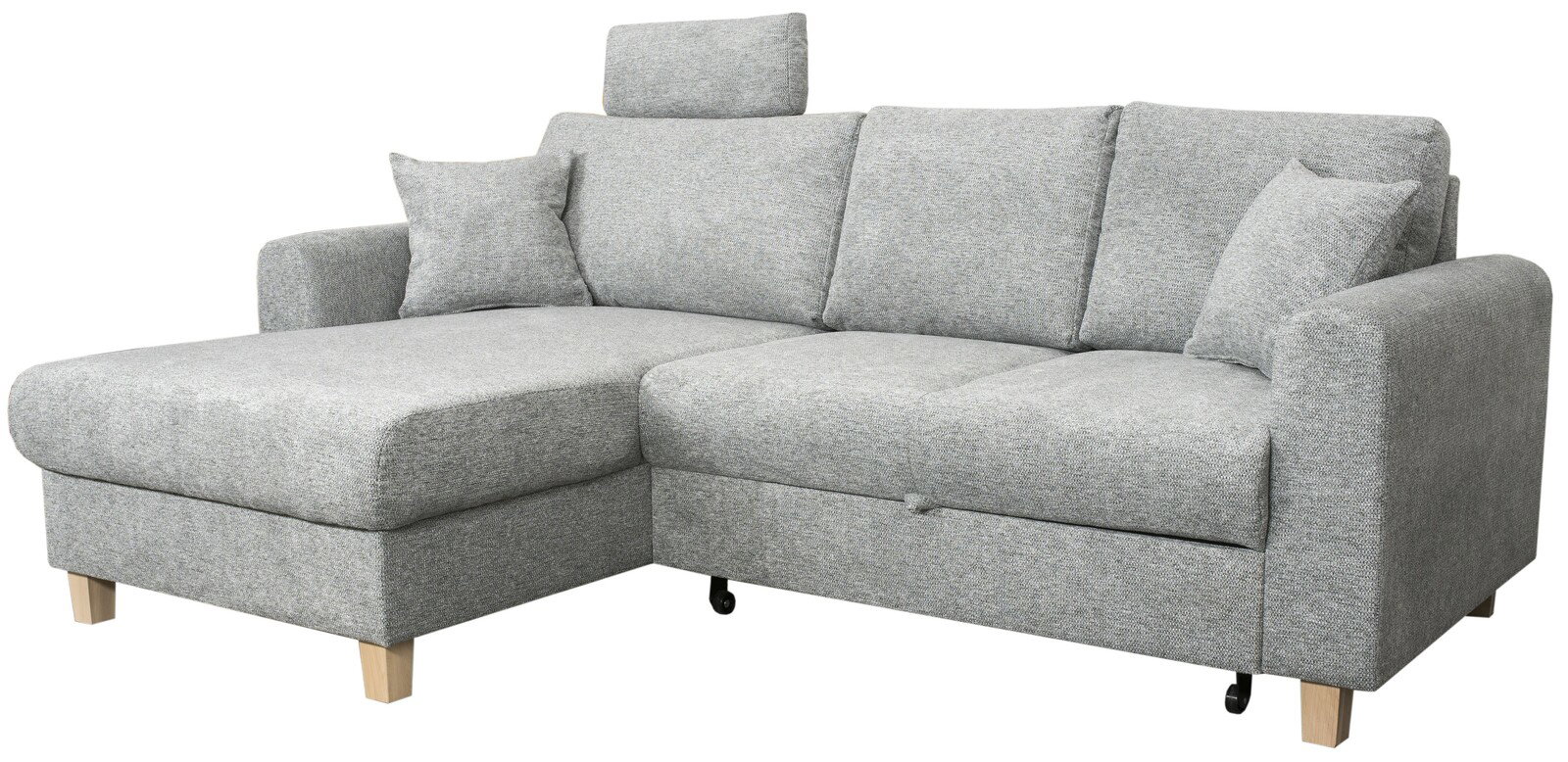 Z2 Ecksofa LANNION Graues Ecksofa mit verstellbarer Kopfstütze und zwei Kissen, Perspektive von vorne links