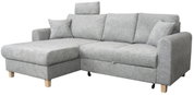 Graues Ecksofa mit verstellbarer Kopfstütze und zwei Kissen, Perspektive von vorne links