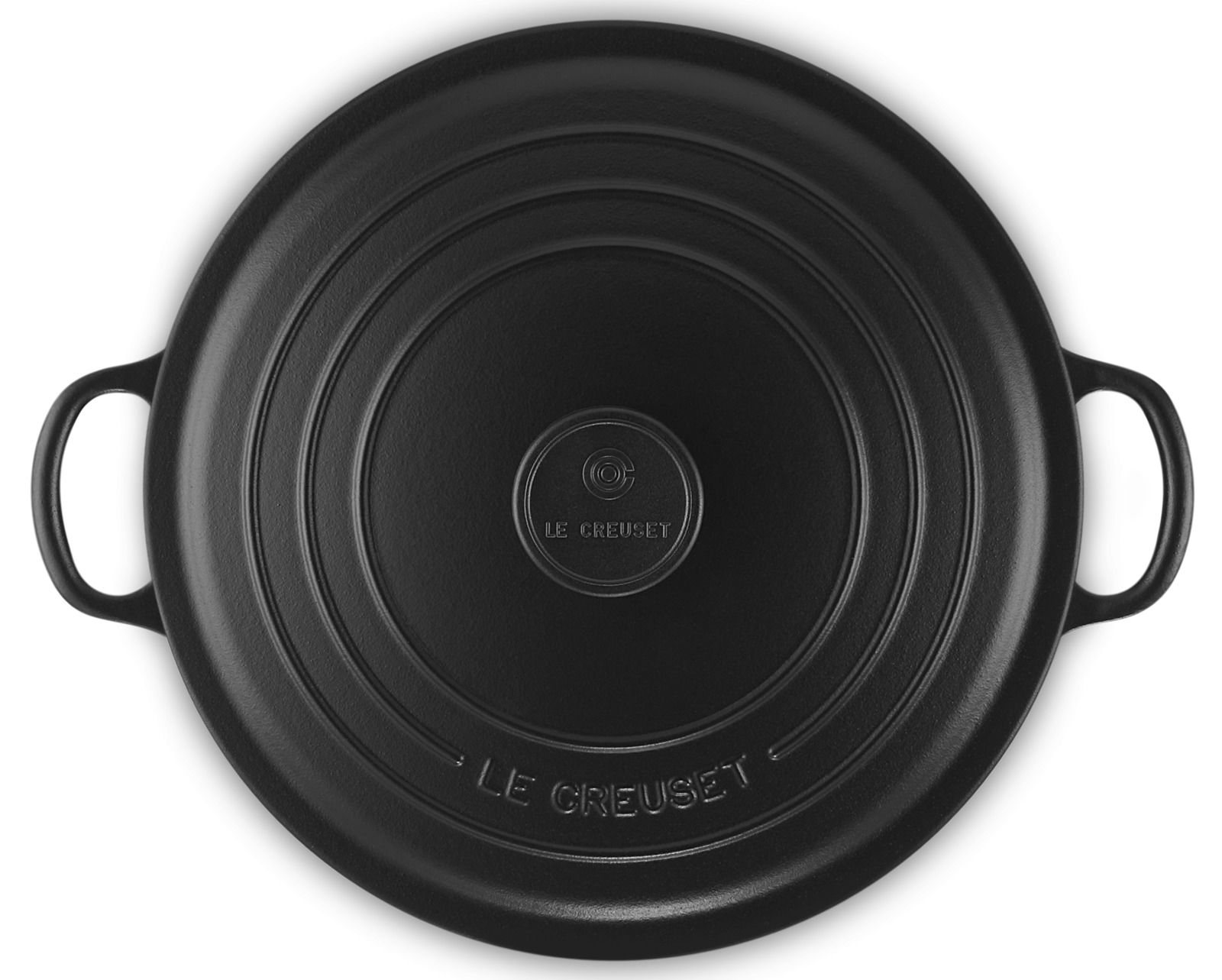Schwarzer Bräter von oben mit zwei Griffen, Le Creuset Logo sichtbar