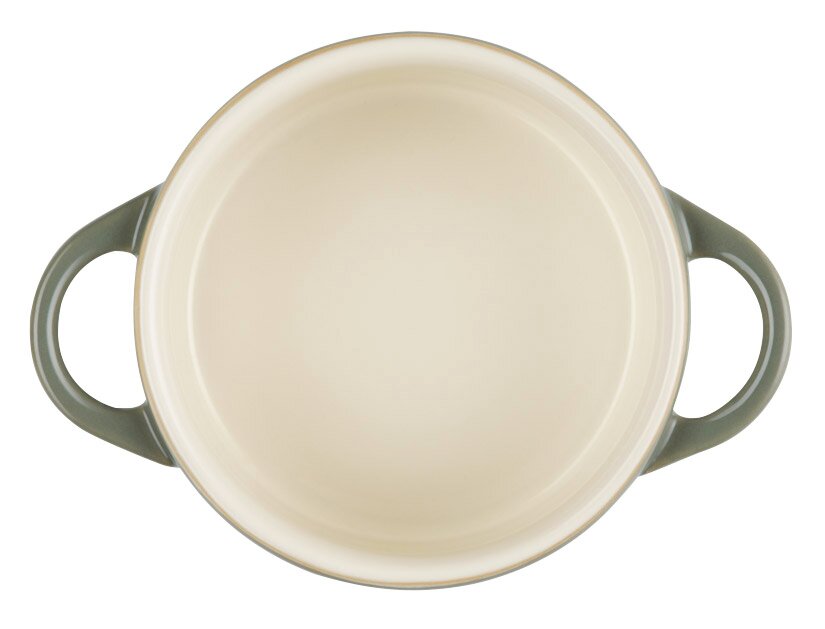 Obenansicht einer Mini-Cocotte Klassik 10 cm in Thymianfarbe mit zwei Henkeln.