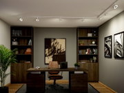 Modernes Homeoffice mit dunklem Holz-Schreibtisch, Bücherregalen und weißer Schienenbeleuchtung; Frontalansicht auf den Arbeitsplatz mit Laptop, braunem Bürostuhl und Wandbildern.