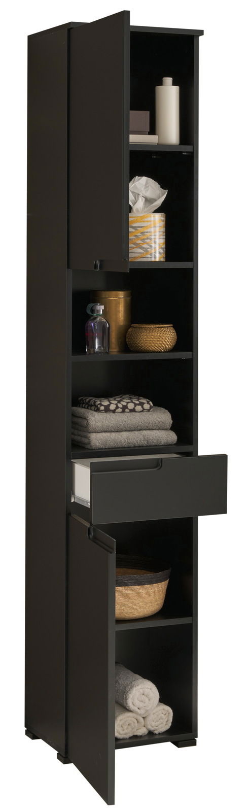 Schwarzer Hochschrank mit mehreren Fächern, teilweise geöffneten Türen und einer Schublade, gefüllt mit Handtüchern und Dekorationsartikeln, seitliche Perspektive.