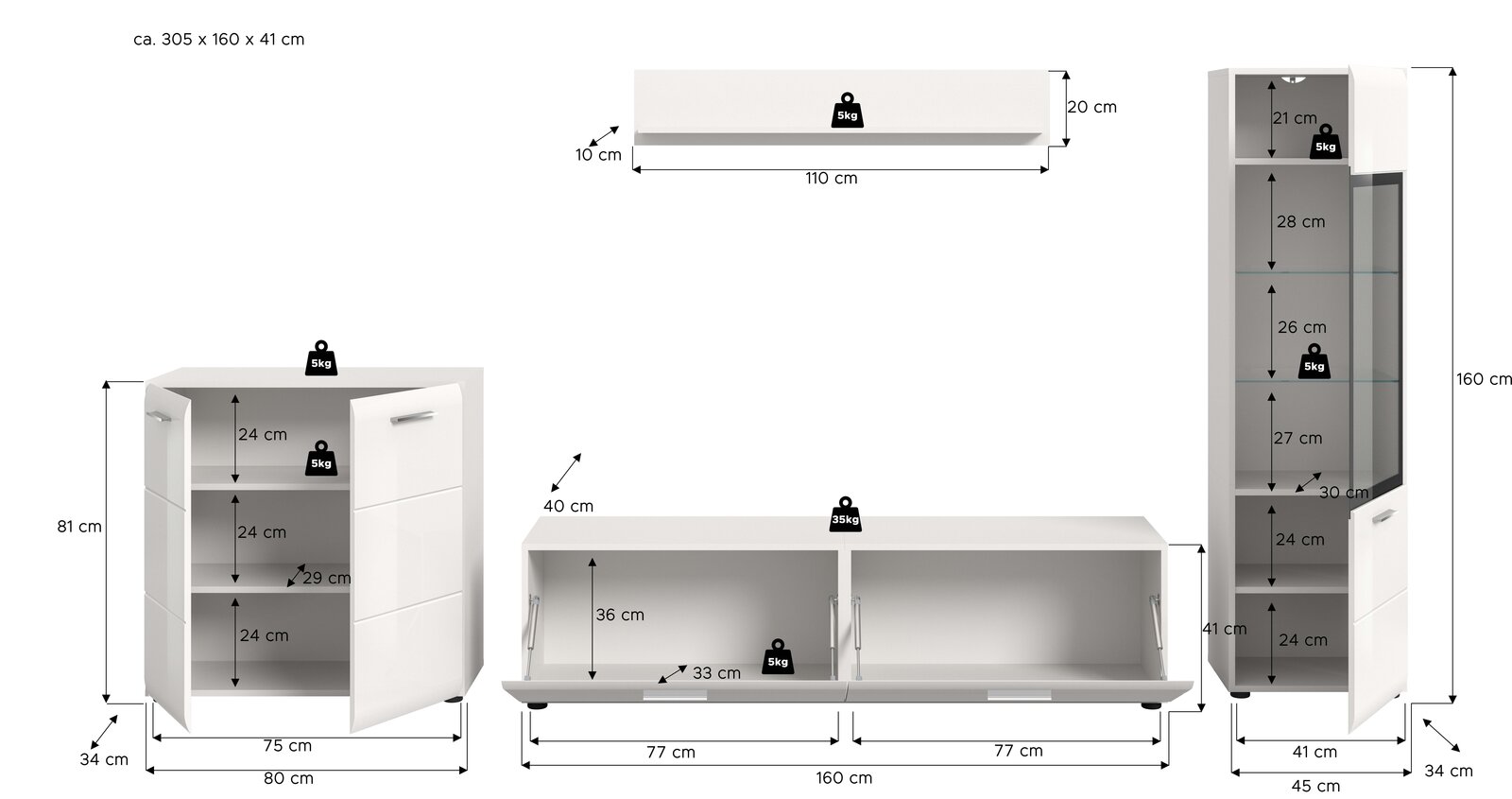 Maßskizze eines weißen Wohnzimmermöbel-Sets (Sideboard, Highboard und Wandregal) mit eingezeichneten Abmessungen und Traglasten, frontale Ansicht mit teils geöffneten Türen und Klappen.