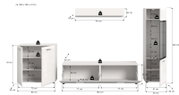 Maßskizze eines weißen Wohnzimmermöbel-Sets (Sideboard, Highboard und Wandregal) mit eingezeichneten Abmessungen und Traglasten, frontale Ansicht mit teils geöffneten Türen und Klappen.