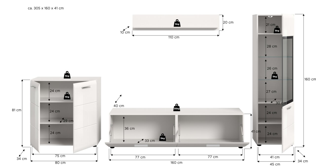 Maßskizze eines weißen Wohnzimmermöbel-Sets (Sideboard, Highboard und Wandregal) mit eingezeichneten Abmessungen und Traglasten, frontale Ansicht mit teils geöffneten Türen und Klappen.