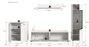 Maßskizze eines weißen Wohnzimmermöbel-Sets (Sideboard, Highboard und Wandregal) mit eingezeichneten Abmessungen und Traglasten, frontale Ansicht mit teils geöffneten Türen und Klappen.