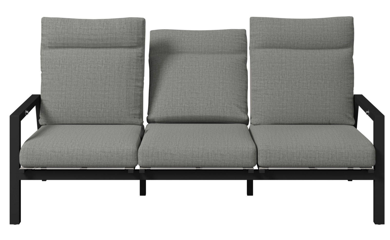Gartenbank 3er mit grauen Kissen und schwarzem Metallrahmen, Frontalansicht