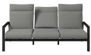 Gartenbank 3er mit grauen Kissen und schwarzem Metallrahmen, Frontalansicht