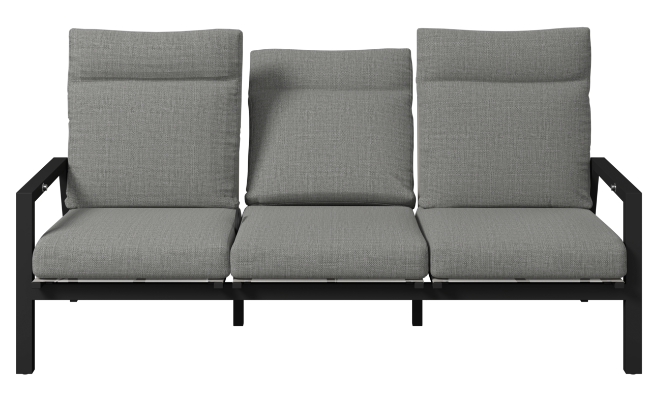 Gartenbank 3er mit grauen Kissen und schwarzem Metallrahmen, Frontalansicht