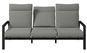 Gartenbank 3er mit grauen Kissen und schwarzem Metallrahmen, Frontalansicht