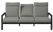 Gartenbank 3er mit grauen Kissen und schwarzem Metallrahmen, Frontalansicht