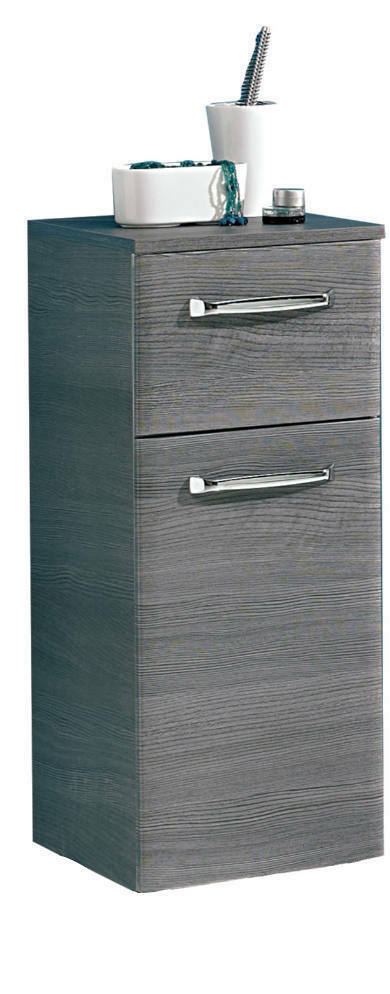 XORA Unterschrank ATHEN Moderner grauer Unterschrank mit zwei Schubladen, Ansicht von vorne, dekoriert mit Badezimmerutensilien auf der Oberseite.