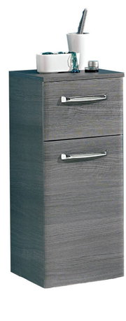 Moderner grauer Unterschrank mit zwei Schubladen, Ansicht von vorne, dekoriert mit Badezimmerutensilien auf der Oberseite.