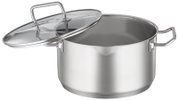 Edelstahl-Kochtopf mit zwei Seitengriffen und Glasdeckel, Deckel leicht geöffnet; Produktaufnahme in schräger Vorderansicht von oben auf weißem Hintergrund