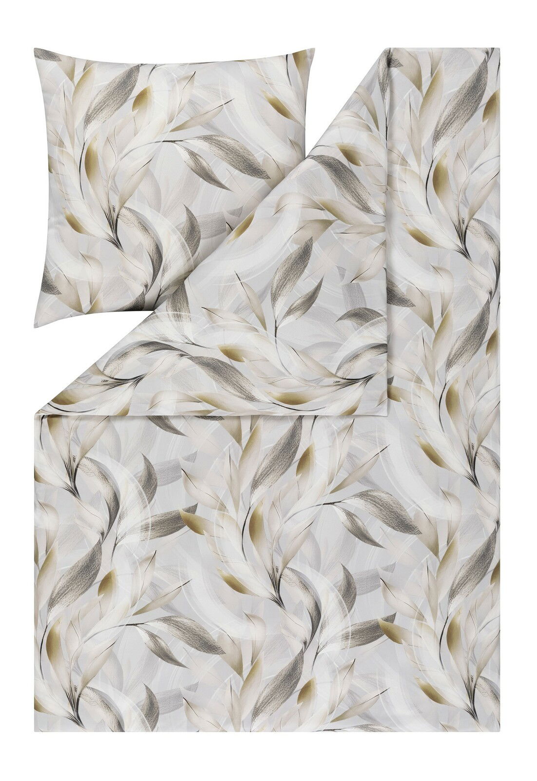 Bettwäsche-Set 155x220cm mit elegantem Blattmuster in sanften Beige- und Grautönen, Draufsicht