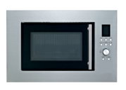 Edelstahl-Einbau-Mikrowelle mit schwarzer Glastür, Griff rechts und Bedienfeld mit Display und Drehknopf – Frontansicht