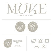 Logo von MÖVE Germany 1927 mit Symbolen für Nachhaltigkeit und soziale Verantwortung, sowie OEKO-TEX Standard 100 Zertifizierung und Pflegehinweise, aus der Vorderansicht.
