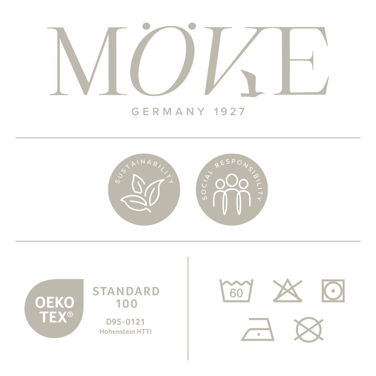 Logo von MÖVE Germany 1927 mit Symbolen für Nachhaltigkeit und soziale Verantwortung, sowie OEKO-TEX Standard 100 Zertifizierung und Pflegehinweise, aus der Vorderansicht.