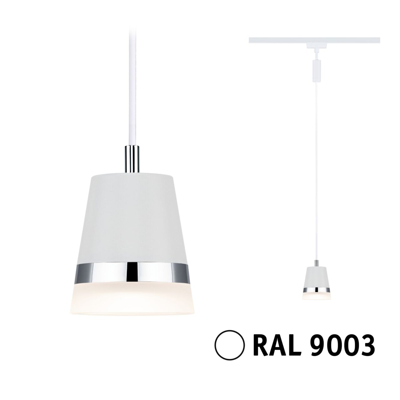 Hängelampe in Kegelform mit weißem Schirm und chromfarbenem Ring, Perspektive von vorne. Farbe RAL 9003.