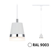 Hängelampe in Kegelform mit weißem Schirm und chromfarbenem Ring, Perspektive von vorne. Farbe RAL 9003.