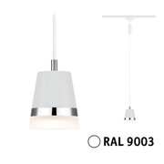 Hanglamp in kegelvorm met witte kap en verchroomde ring, gezien van voren. Kleur RAL 9003.