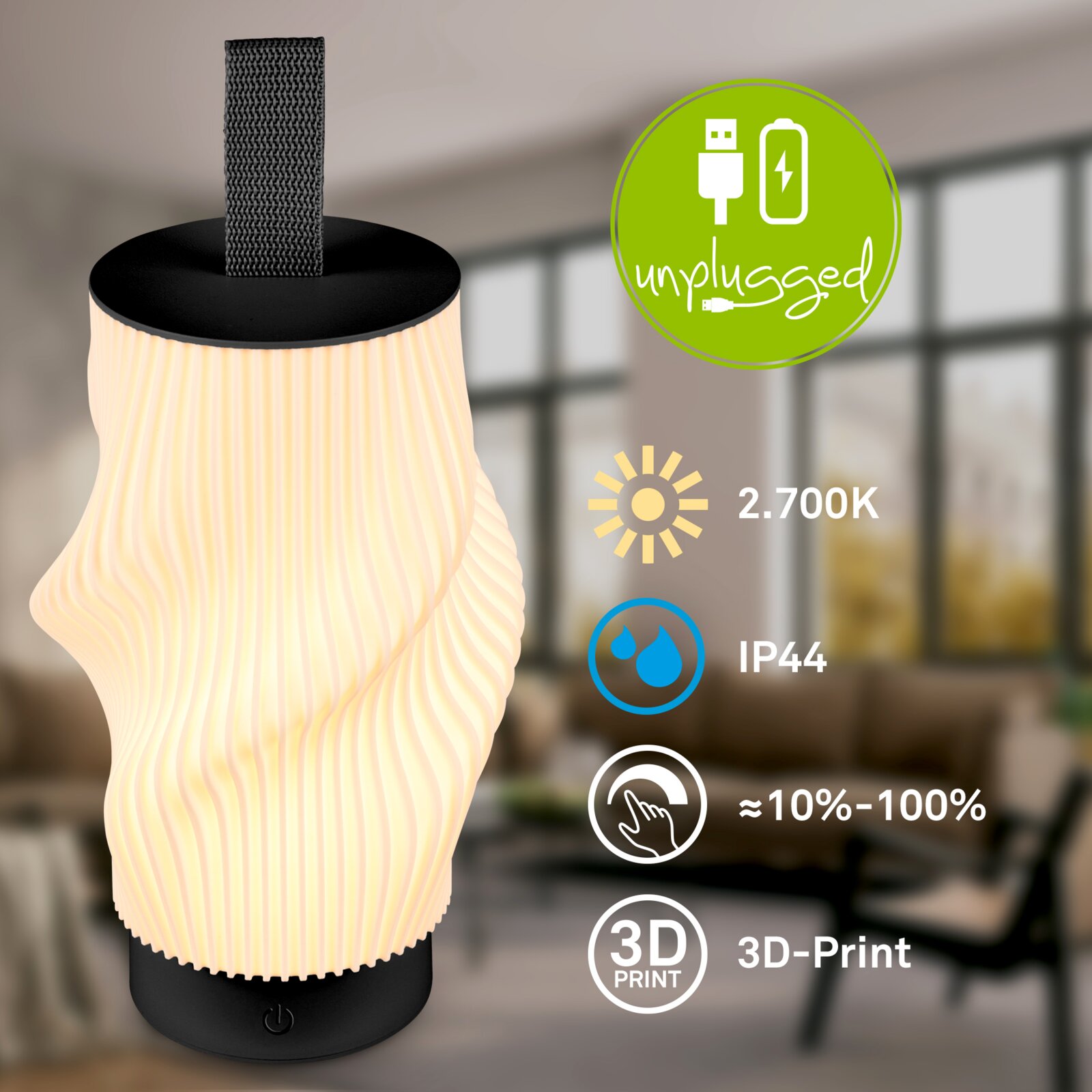 Kabellose, warmweiß leuchtende LED-Akku-Laterne mit gedrehtem 3D-Print-Schirm, Trageschlaufe und Touch-Dimmer (ca. 10–100%), IP44, 2700K – frontal leicht von oben aufgenommen