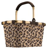 Leopardenmuster-Einkaufskorb mit goldfarbenem Rahmen und braunem Griff, seitliche Perspektive