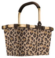 Leopardenmuster-Einkaufskorb mit goldfarbenem Rahmen und braunem Griff, seitliche Perspektive