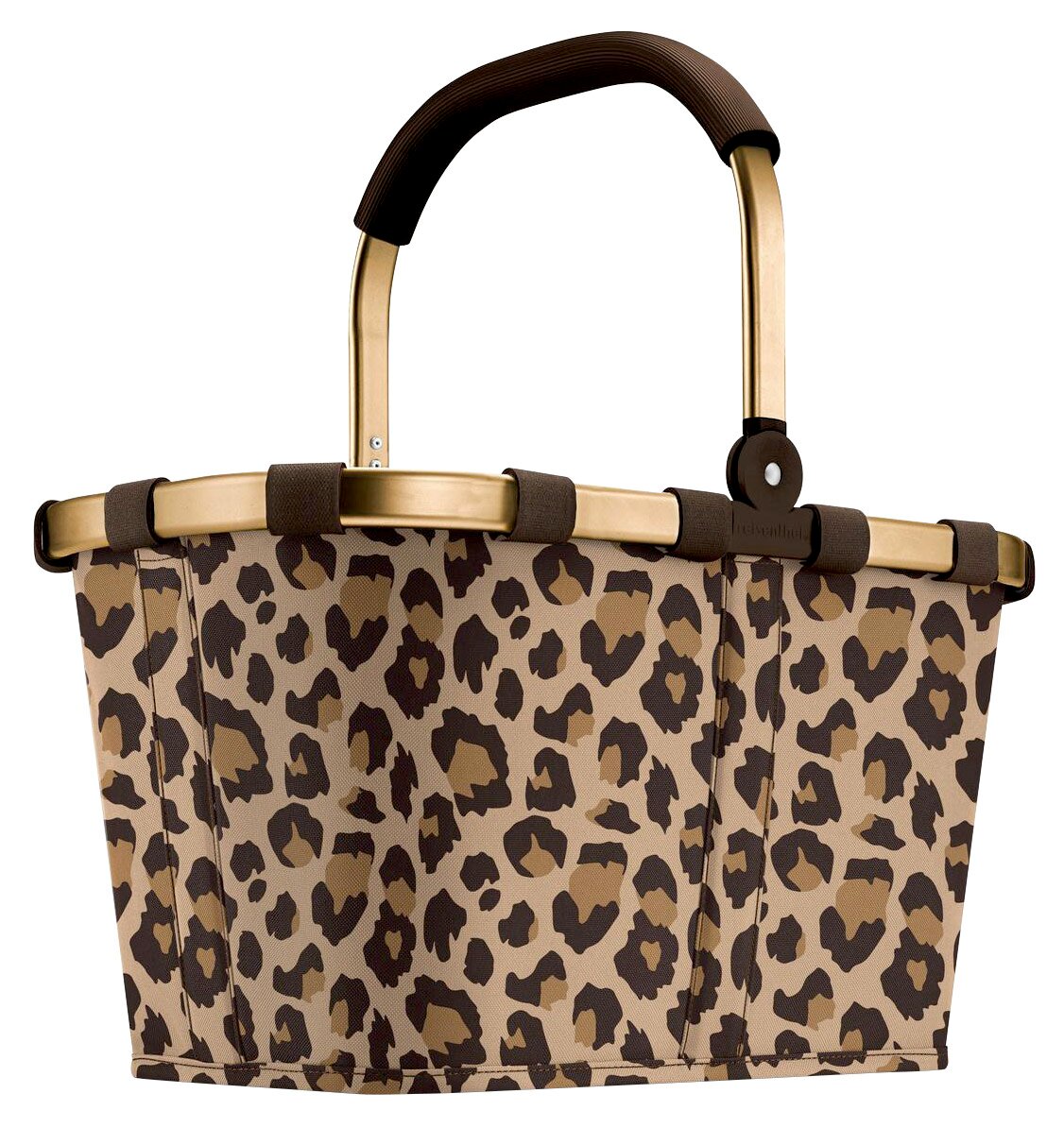 Reisenthel Carrybag FRAME LEO MACCHIATO Leopardenmuster-Einkaufskorb mit goldfarbenem Rahmen und braunem Griff, seitliche Perspektive
