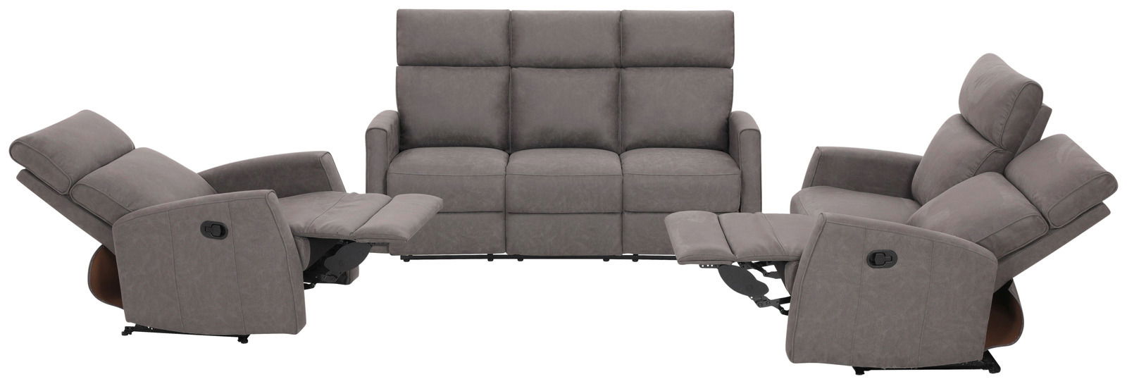 Graues Sofa-Set mit zwei Liegesesseln und einem Dreisitzer-Sofa, seitliche Perspektive auf die Liegesessel.