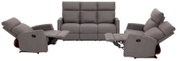 Graues Sofa-Set mit zwei Liegesesseln und einem Dreisitzer-Sofa, seitliche Perspektive auf die Liegesessel.
