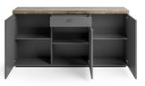Frontansicht eines offenen Sideboards mit grauen Türen und Schublade, sowie einer Holzoberfläche.