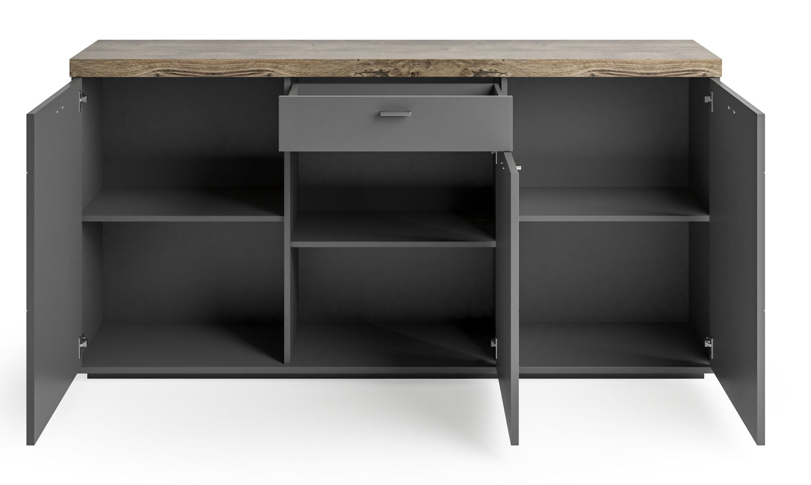 Frontansicht eines offenen Sideboards mit grauen Türen und Schublade, sowie einer Holzoberfläche.