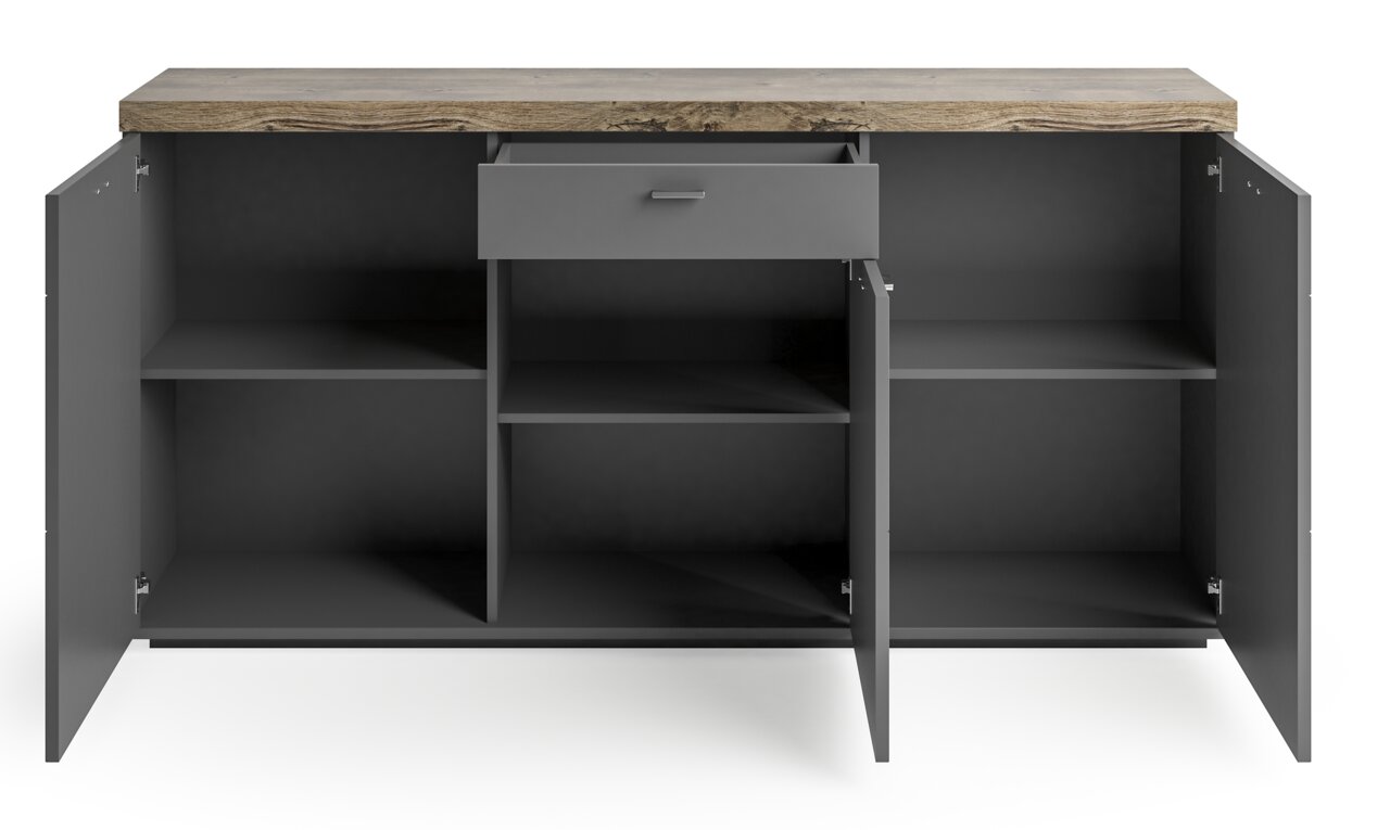 Frontansicht eines offenen Sideboards mit grauen Türen und Schublade, sowie einer Holzoberfläche.