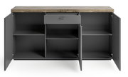 Frontansicht eines offenen Sideboards mit grauen Türen und Schublade, sowie einer Holzoberfläche.