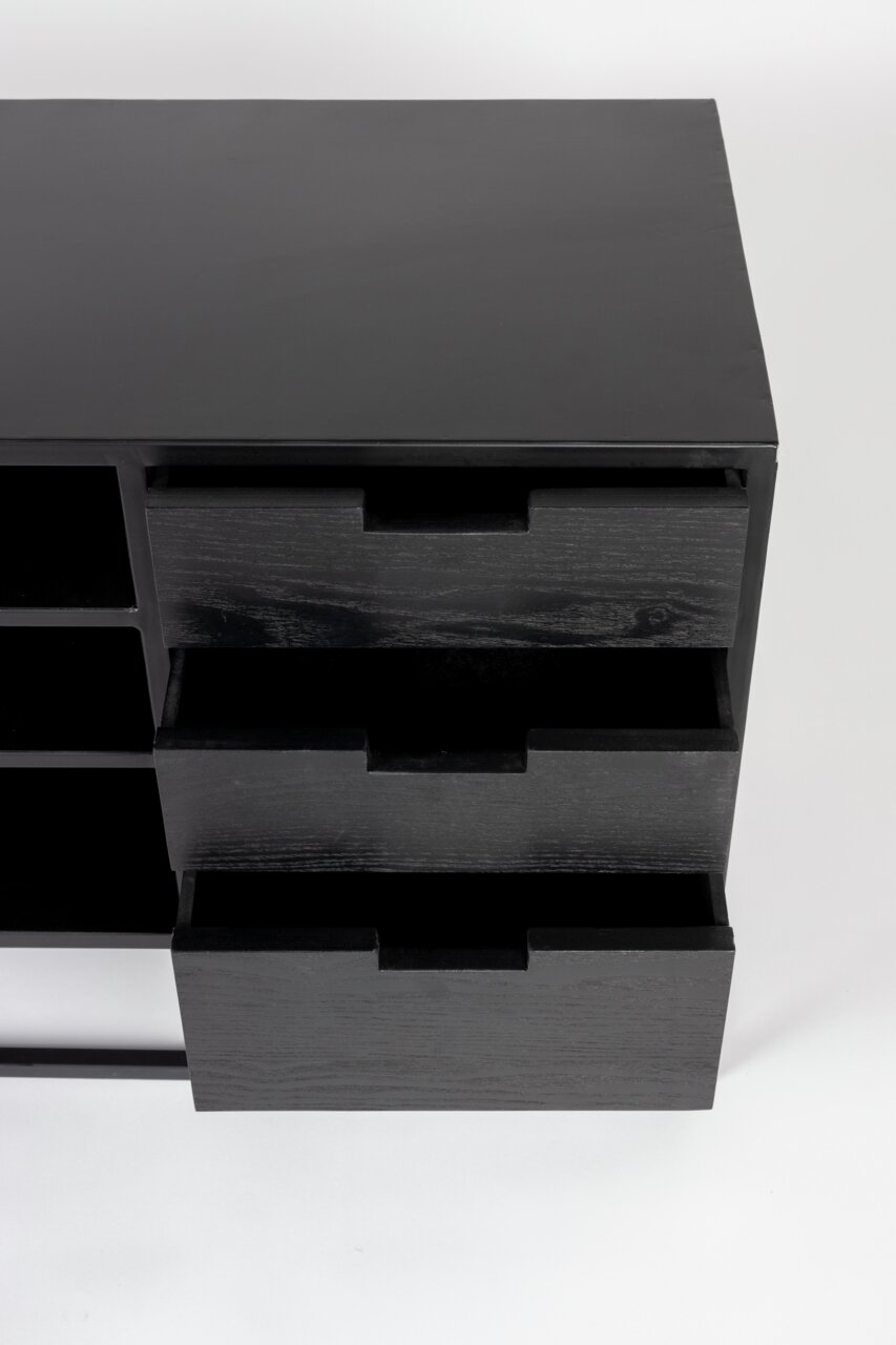 Schwarzes Sideboard mit mehreren offenen Schubladen, Ansicht von oben.