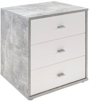 Nachtkommode mit drei Schubladen in weiß und grauer Betonoptik, seitliche Perspektive