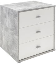 Nachtkommode mit drei Schubladen in weiß und grauer Betonoptik, seitliche Perspektive