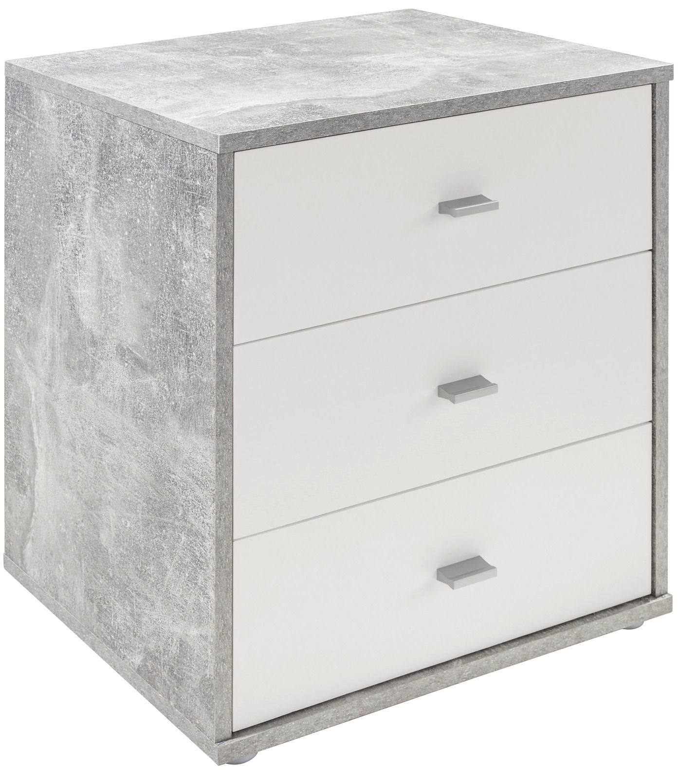 Nachtkommode mit drei Schubladen in weiß und grauer Betonoptik, seitliche Perspektive