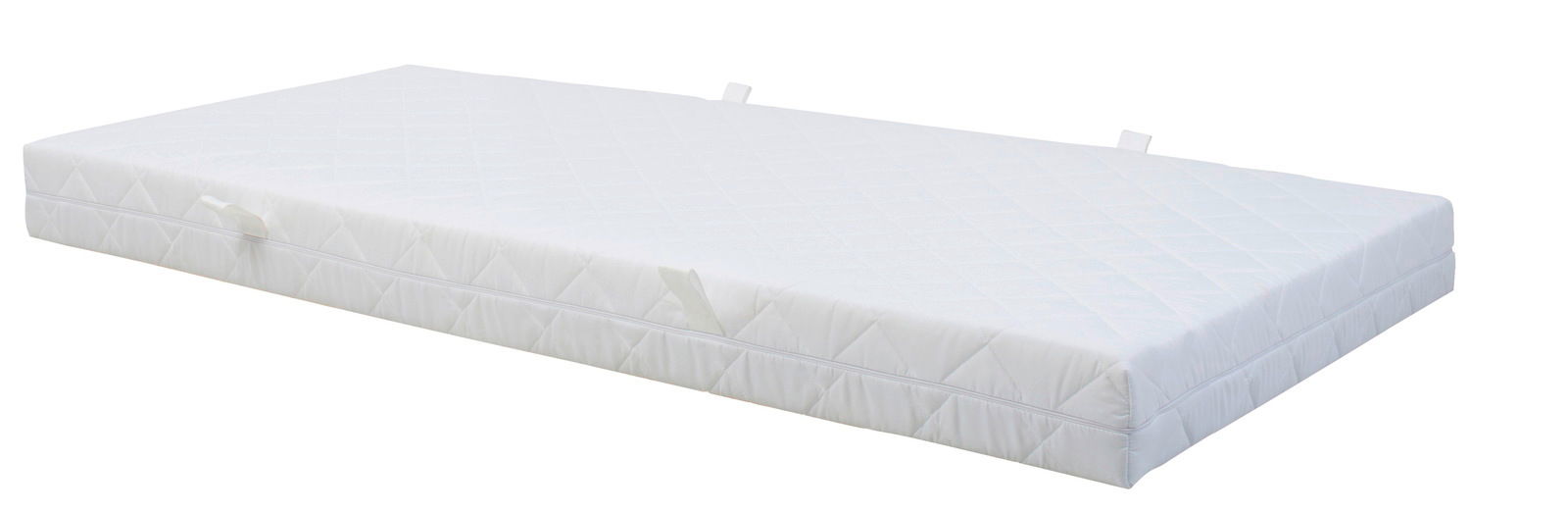 Sleeptex Bonellfederkernmatratze MARFIK Seitliche Ansicht einer weißen Bonellfederkernmatratze mit gestepptem Bezug und Tragegriffen.