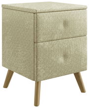 Beige Nachtkonsole mit zwei Schubladen und Holzbeinen, seitliche Perspektive