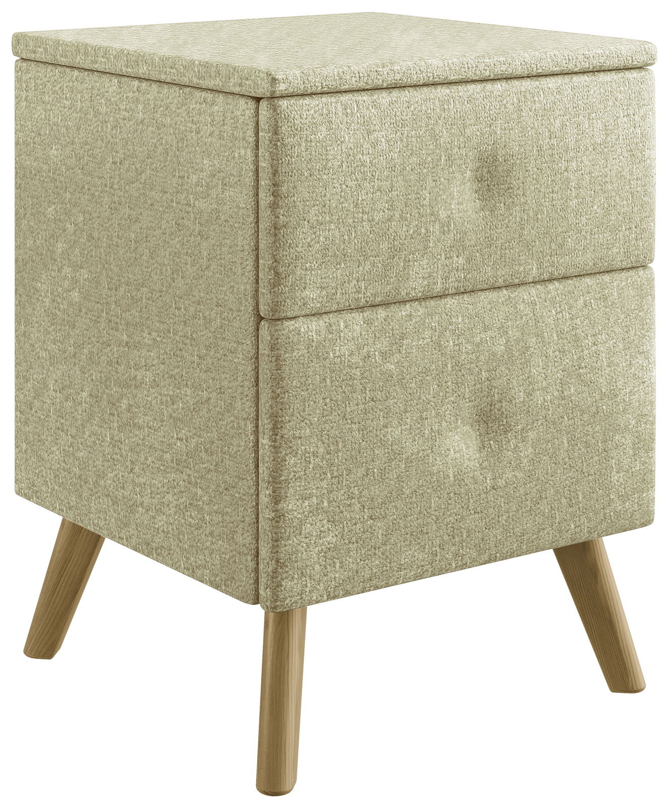 Beige Nachtkonsole mit zwei Schubladen und Holzbeinen, seitliche Perspektive