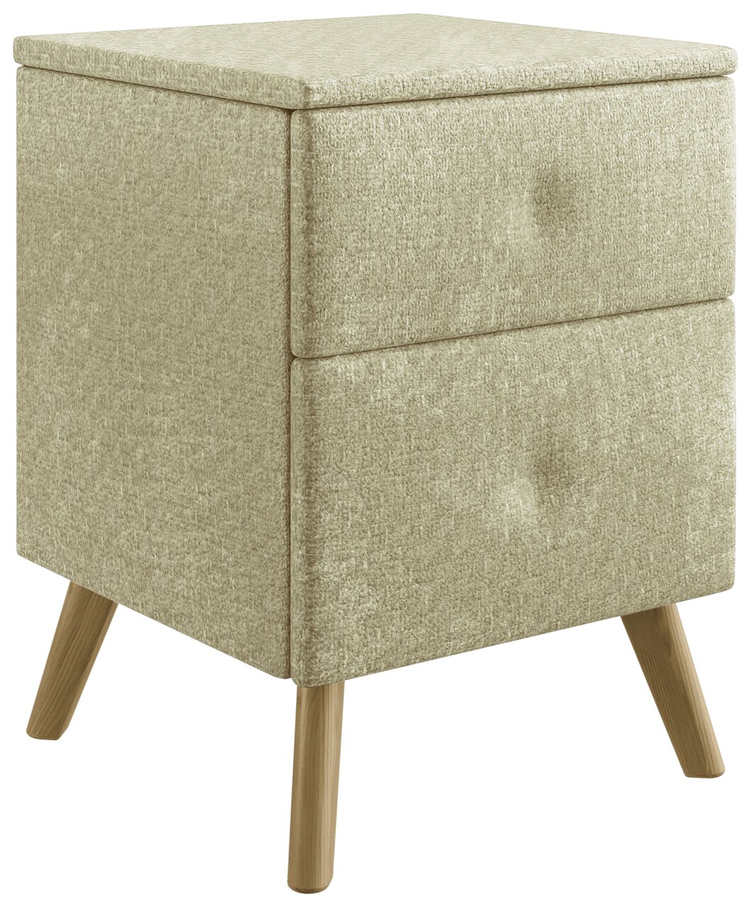 Beige Nachtkonsole mit zwei Schubladen und Holzbeinen, seitliche Perspektive