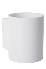 Moderne weiße Wandleuchte in zylindrischer Form, seitliche Perspektive