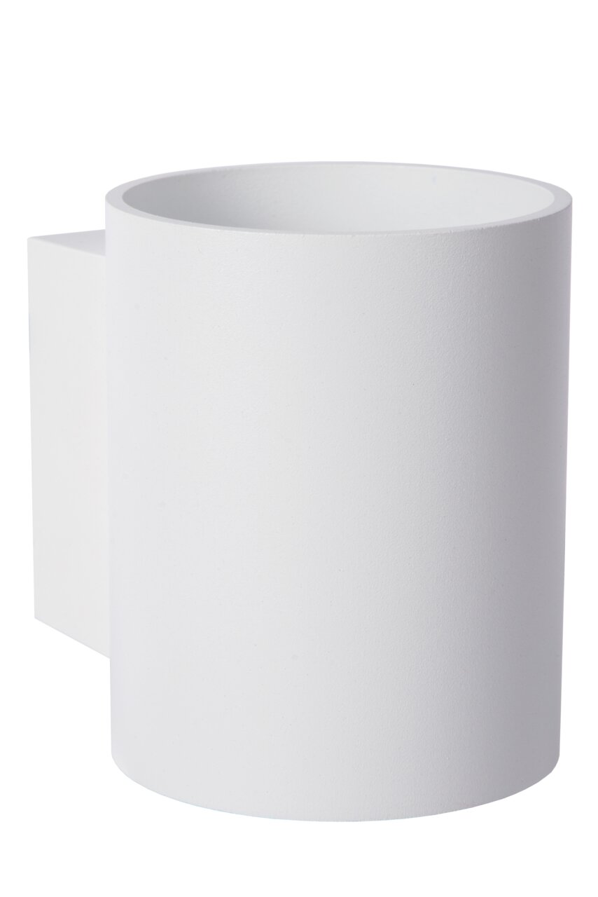 Moderne weiße Wandleuchte in zylindrischer Form, seitliche Perspektive