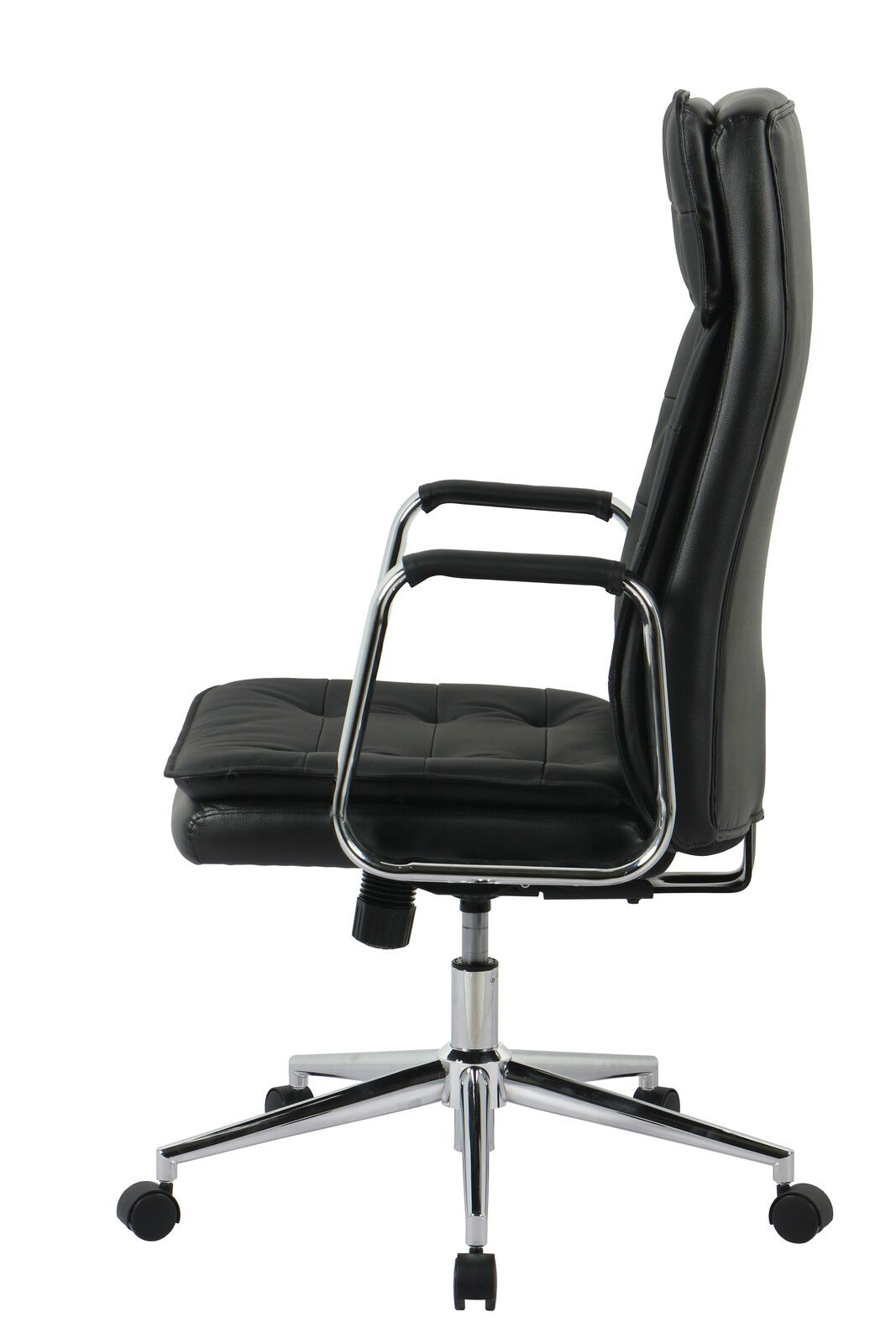 Schwarzer Chefsessel aus Leder mit verchromten Armlehnen und Rollen, Seitenansicht