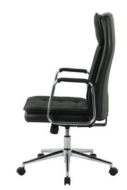 Schwarzer Chefsessel aus Leder mit verchromten Armlehnen und Rollen, Seitenansicht