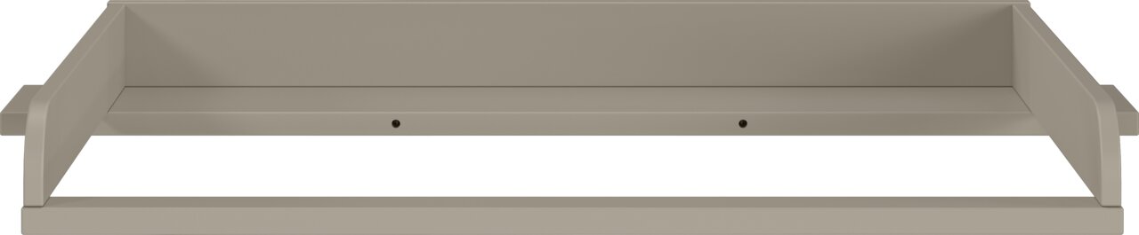 Frontale Ansicht eines grauen Wandregals, geeignet für ein Babyzimmer.