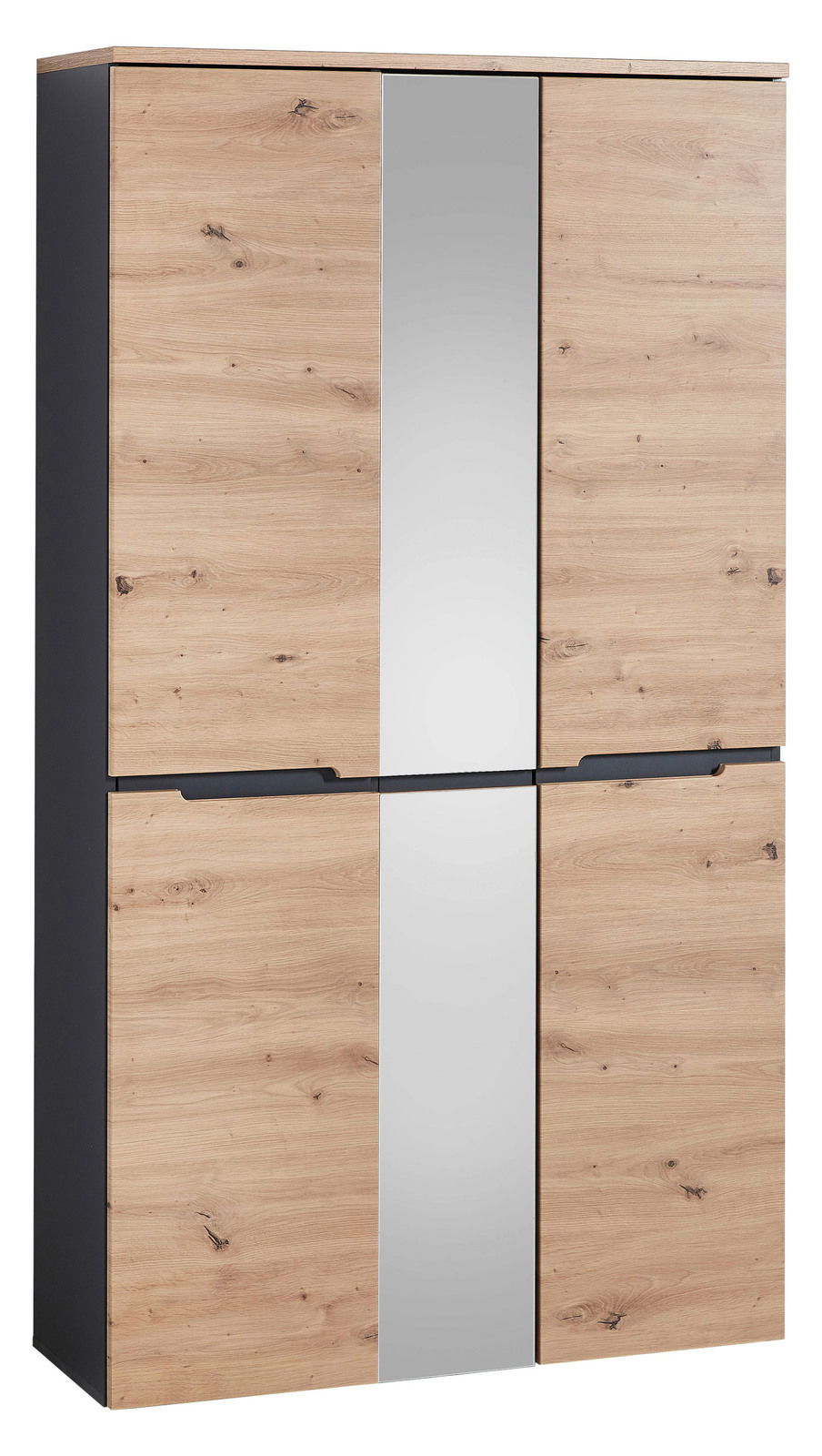 Frontansicht eines modernen XXL-Schuh- und Garderobenschranks mit Holzoptik und integriertem Spiegel in der Mitte.