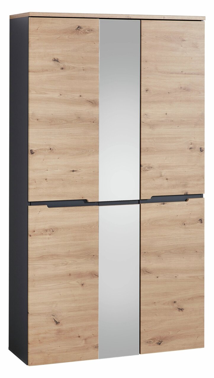 Frontansicht eines modernen XXL-Schuh- und Garderobenschranks mit Holzoptik und integriertem Spiegel in der Mitte.